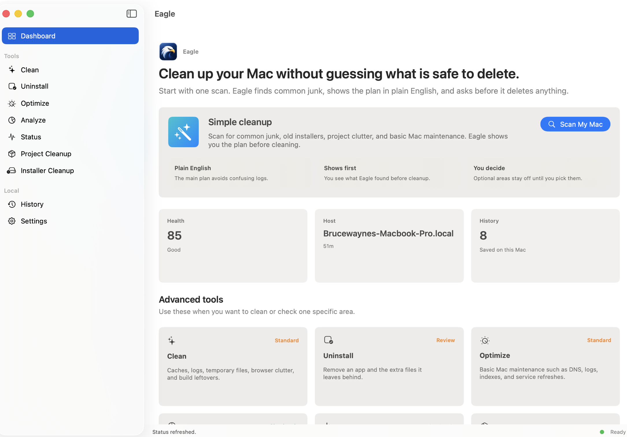 Eagle dashboard showing a simple cleanup scan and cleanup tools